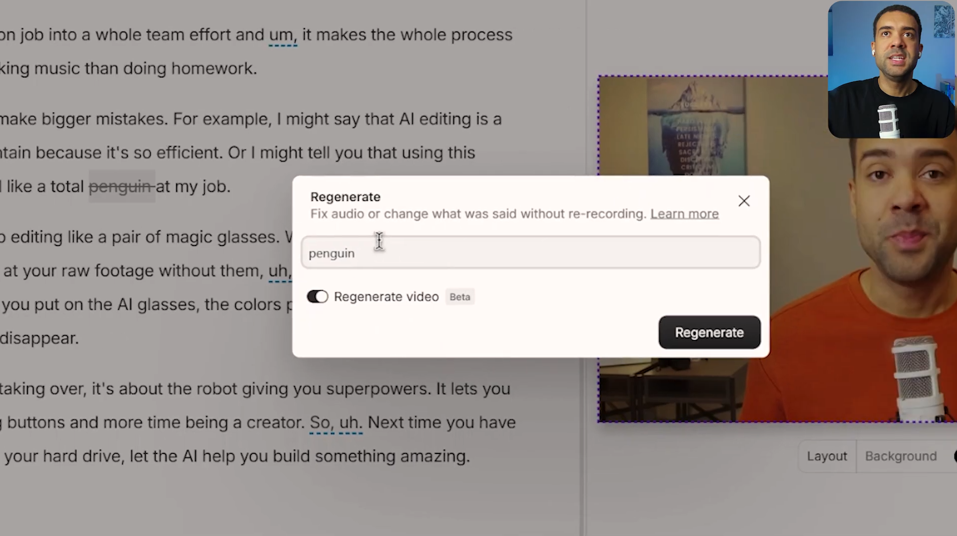 Descript timeline with transcript-based edit highlighted