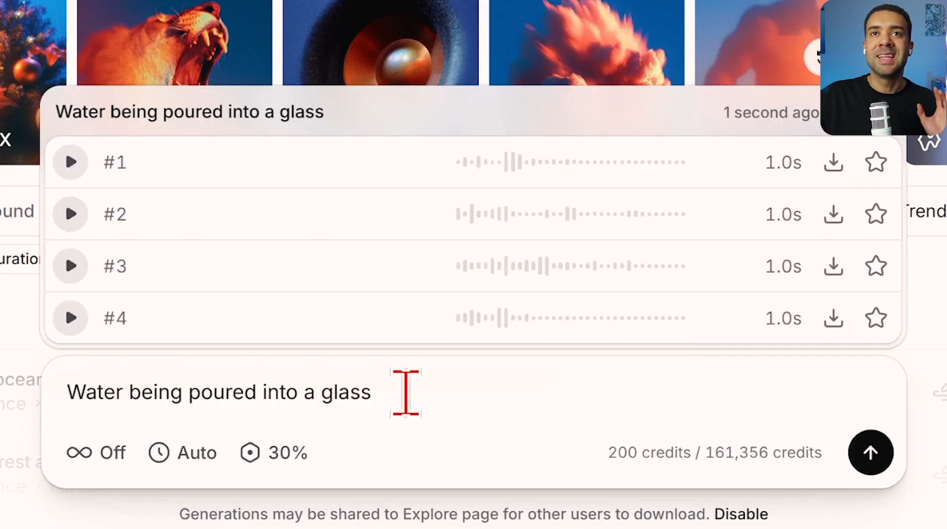 ElevenLabs audio generation screen showing music prompt and variants