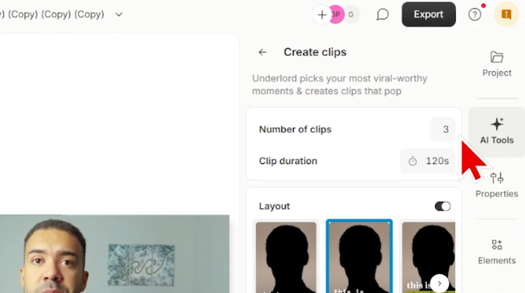 Create clips settings for count, duration, and layout