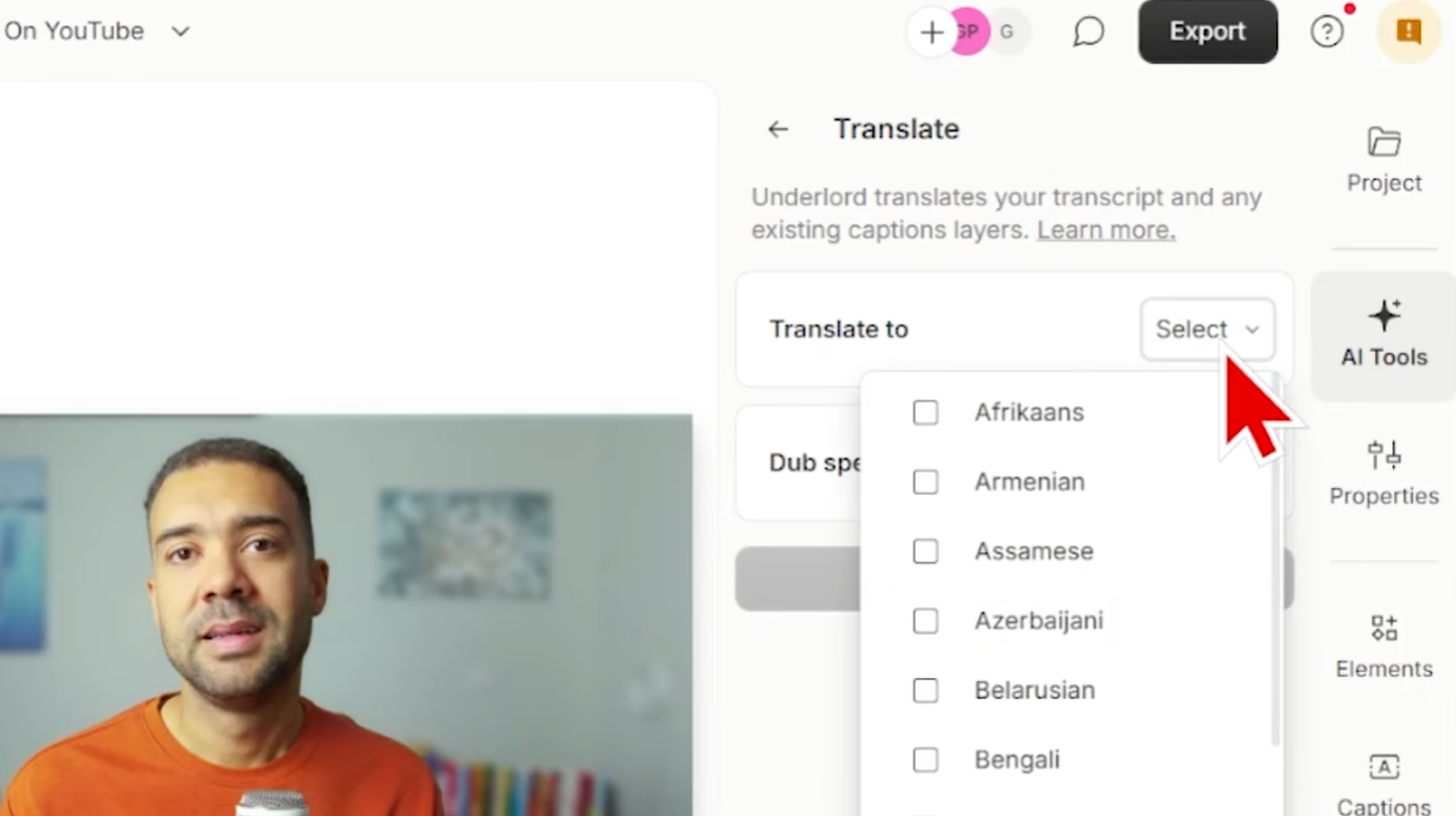 Translate panel with language selection and dub options
