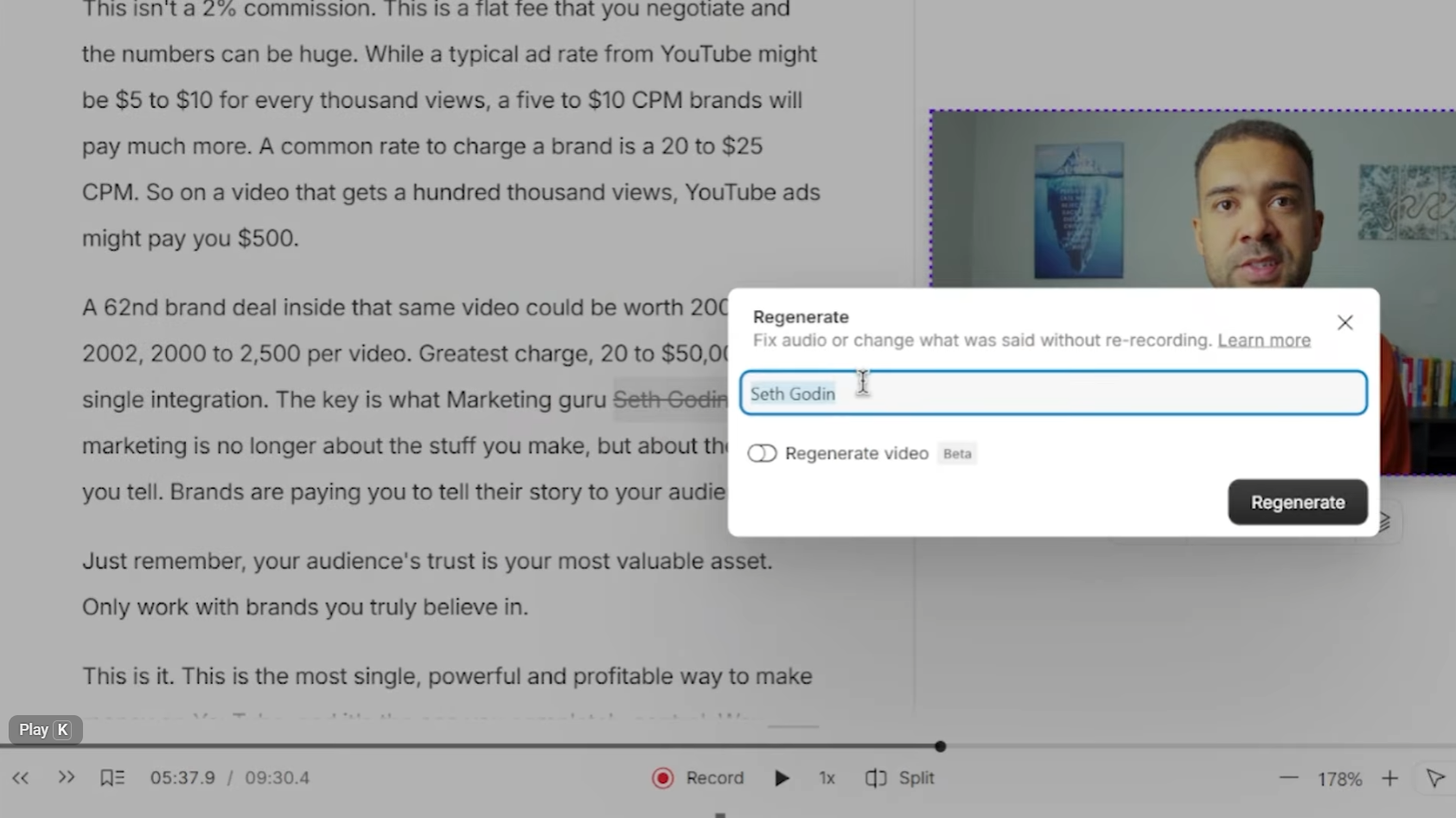 Descript Video Regenerate word correction