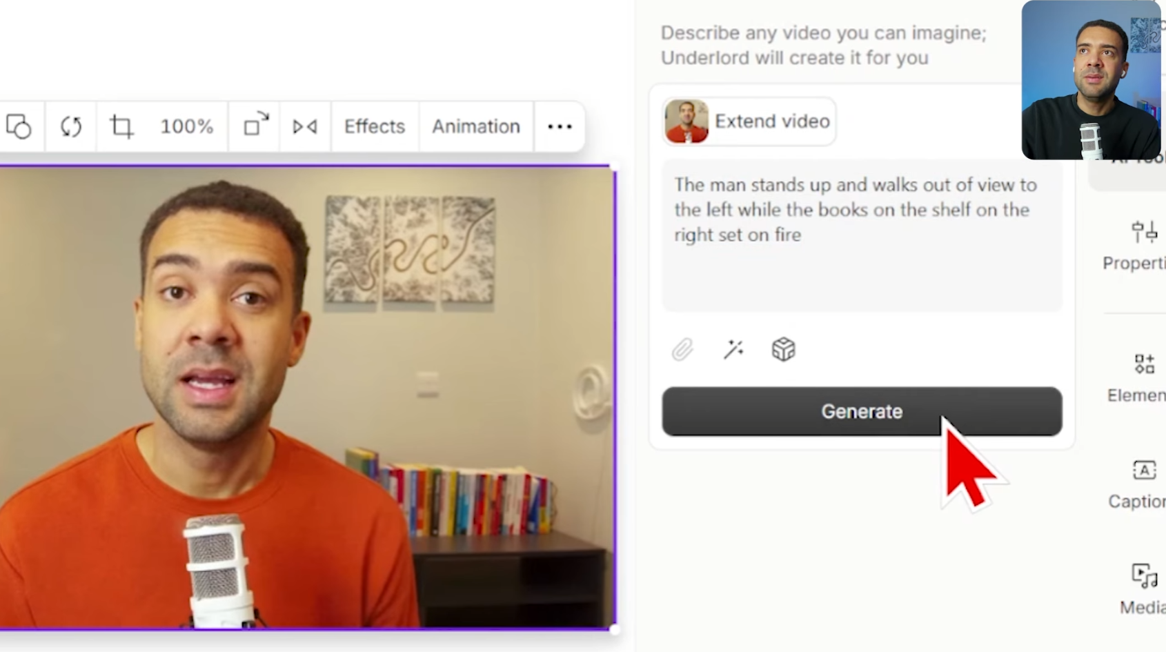 Extend video with AI prompt panel