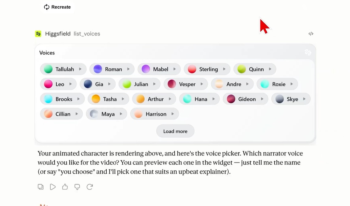 Voice library selection screen inside Claude