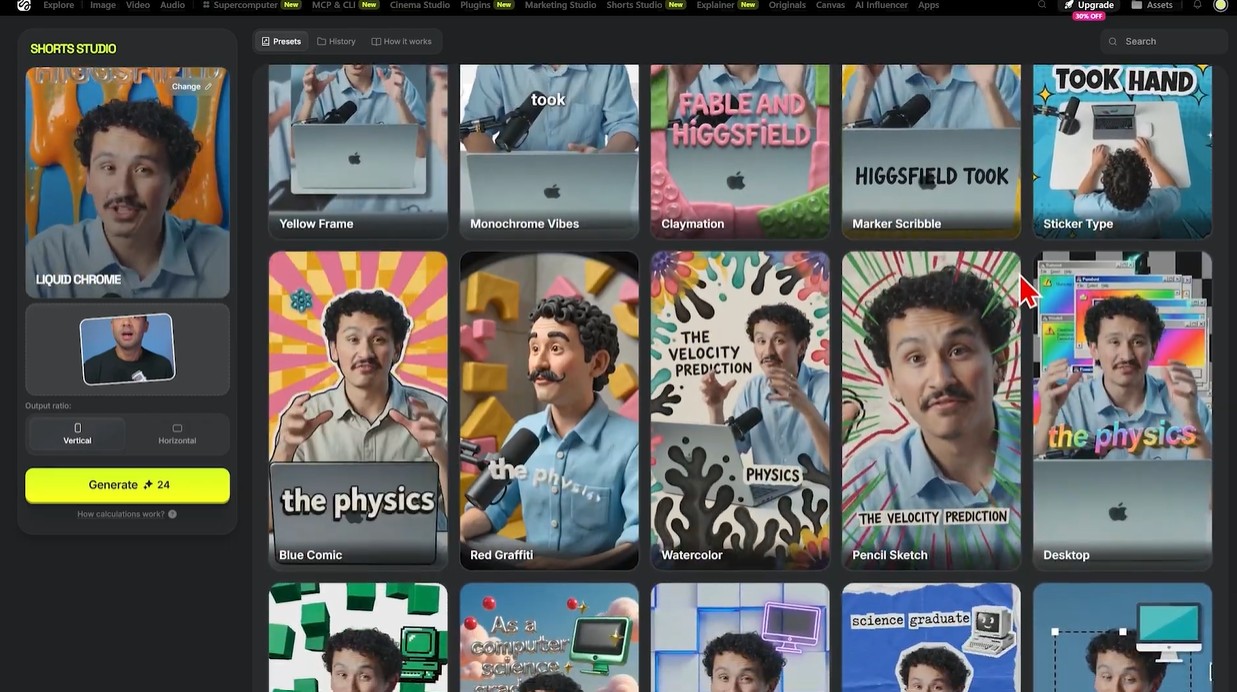 Choosing a visual preset in Shorts Studio