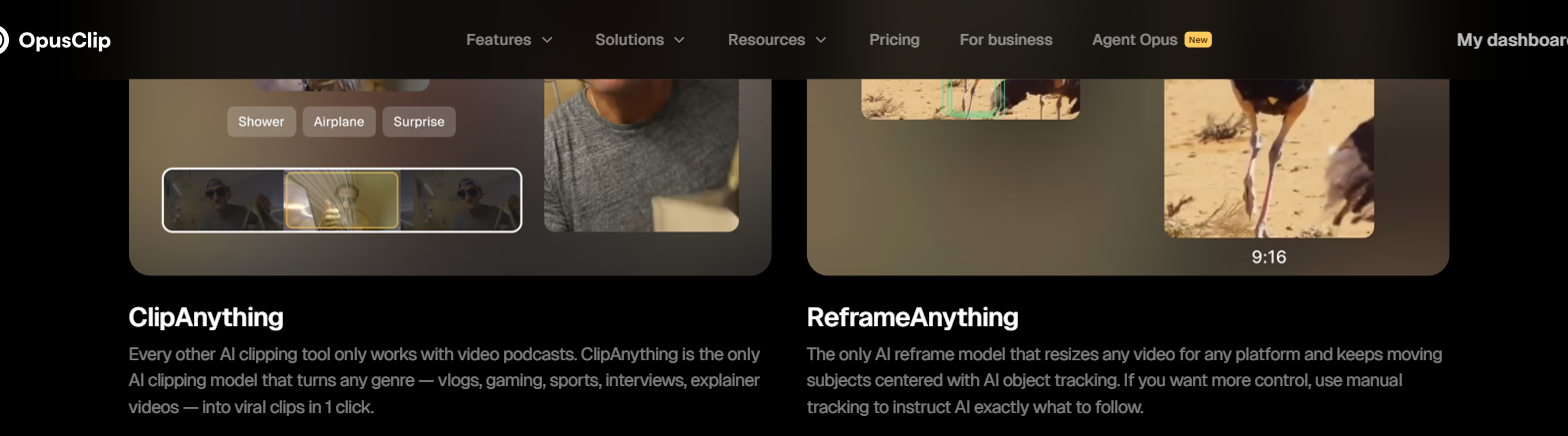 OpusClip's AI Editing Models section showing ClipAnything and ReframeAnything
