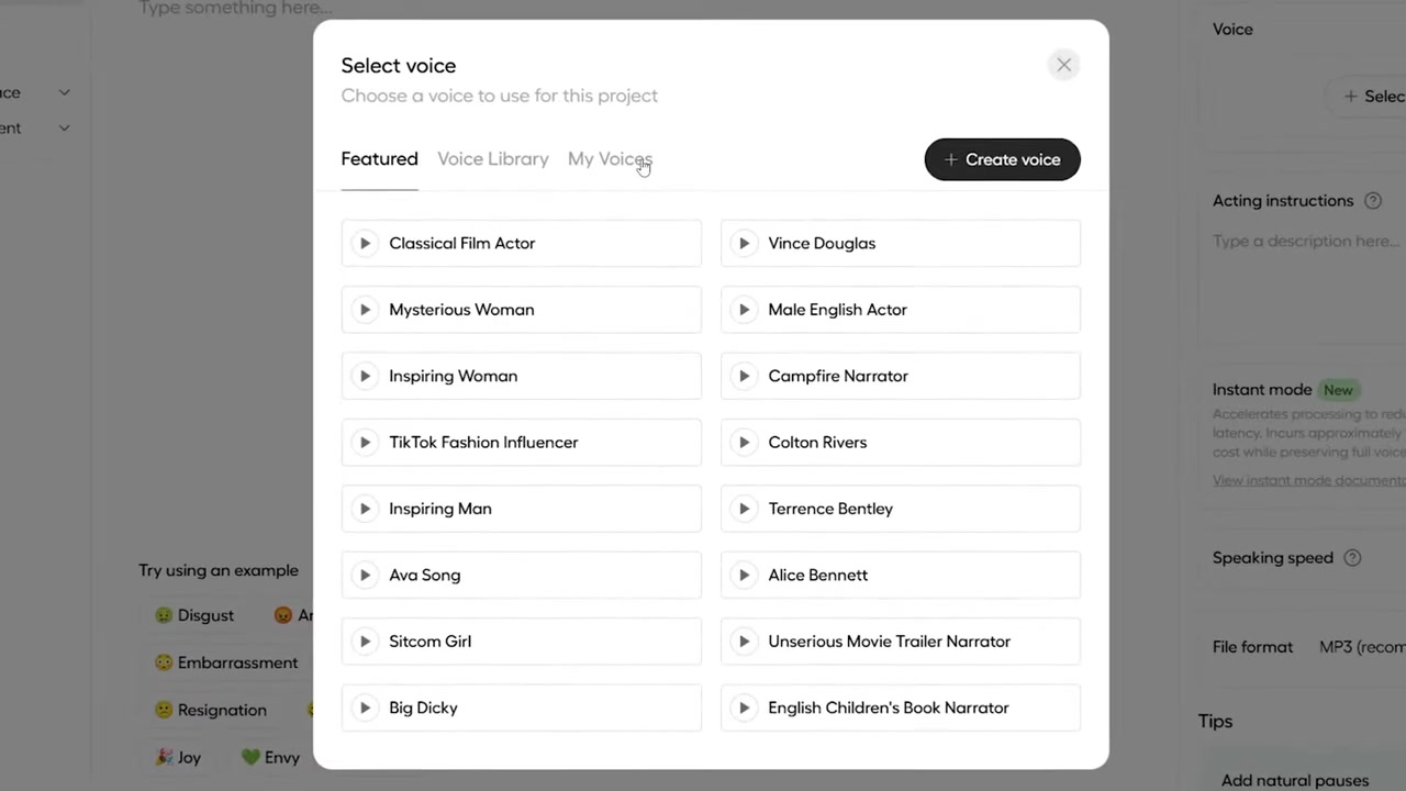 Selecting pre-made voices in the Hume AI playground interface