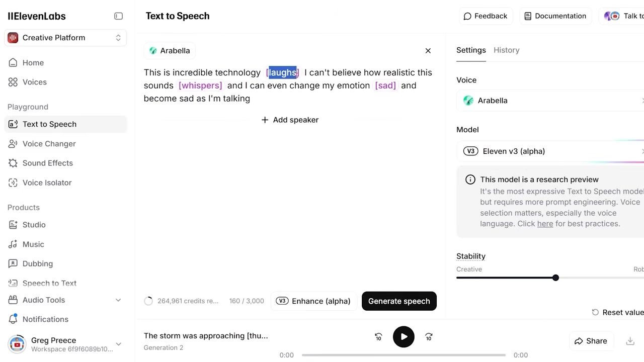 The Text to Speech text editor with inline emotional audio tags