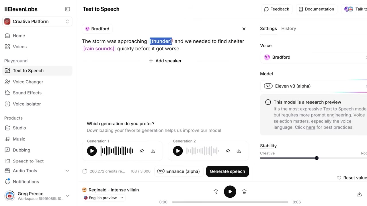 The script editor showing inline sound effect tags