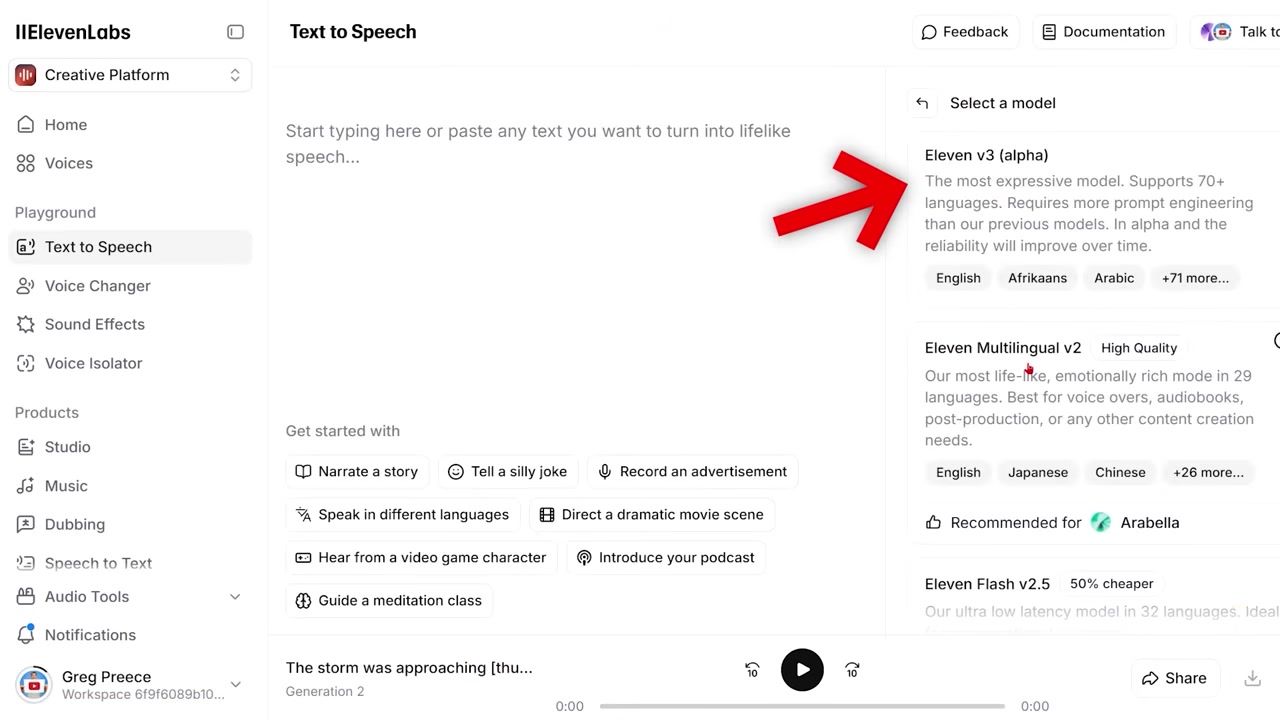 ElevenLabs interface with the V3 model selected in the model dropdown