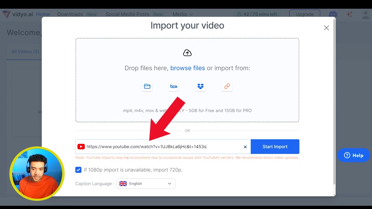 Uploading and pasting link in Vidyo.ai import screen