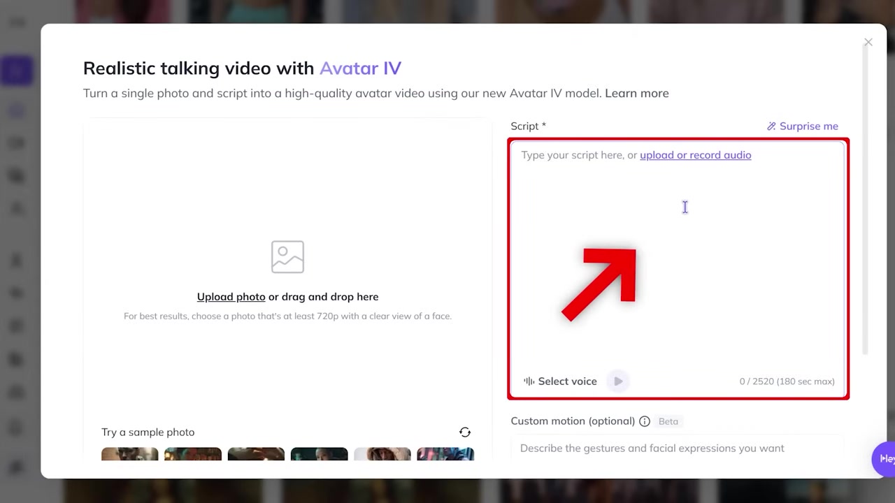 Script box for text or audio upload