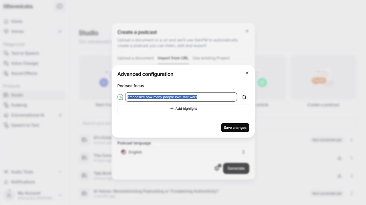 Advanced creative direction settings inside the ElevenLabs cog menu