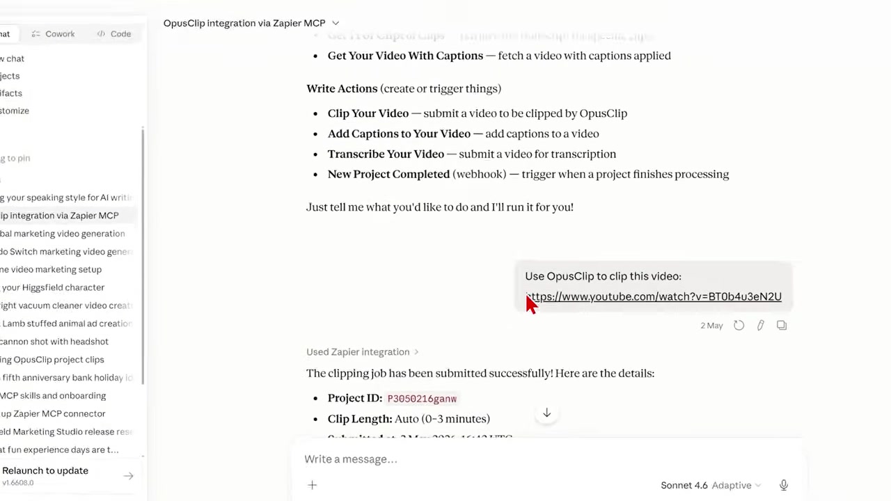 Generating social media clips directly from Claude using OpusClip