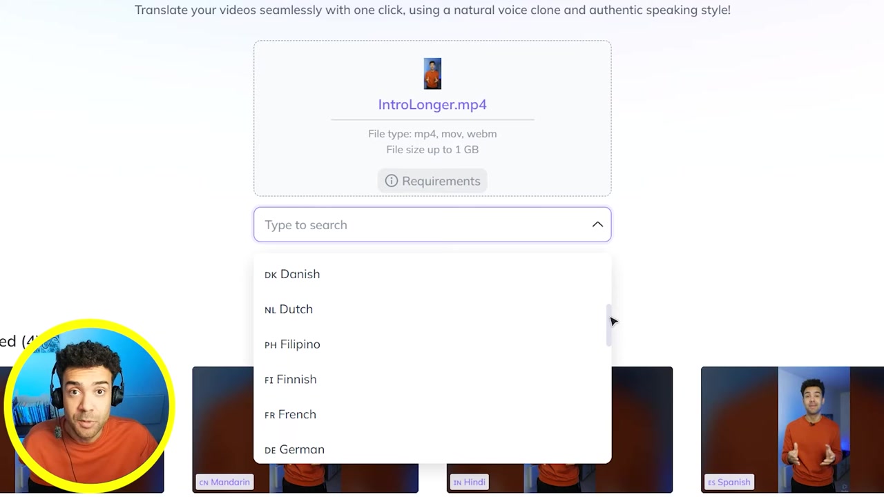 HeyGen target language dropdown selection