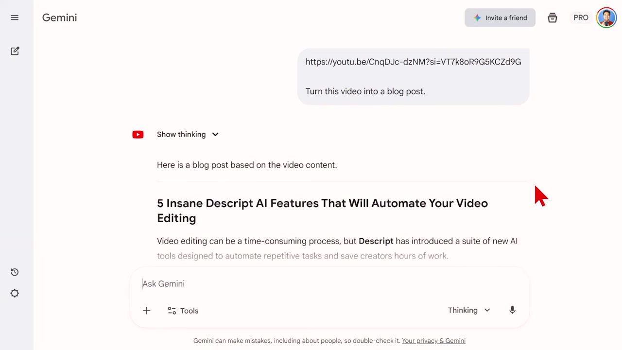 Converting a YouTube video to an SEO blog post in Google Gemini