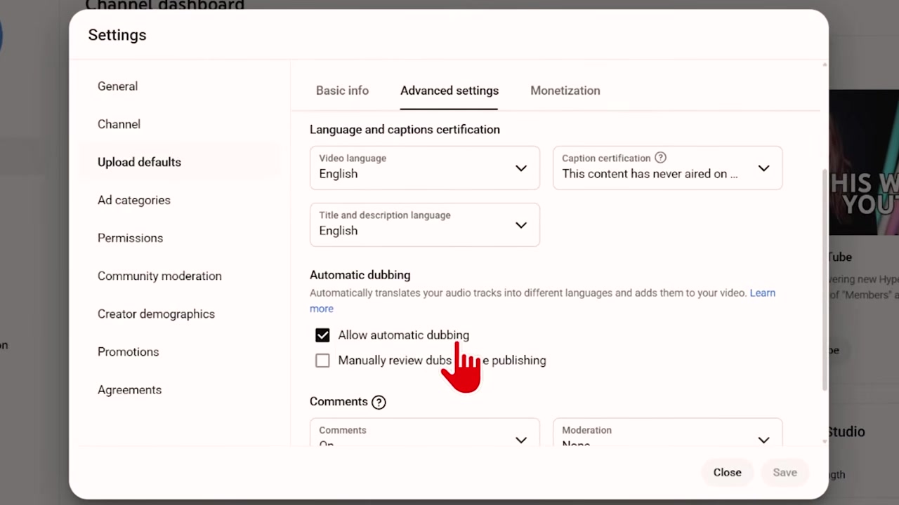 Enabling automatic dubbing in YouTube Studio upload settings