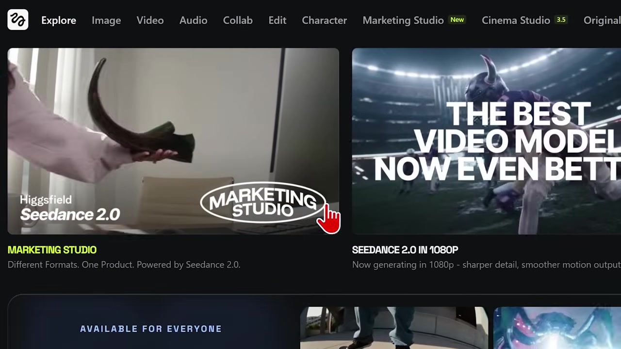 Higgsfield Homepage Marketing Studio Selection