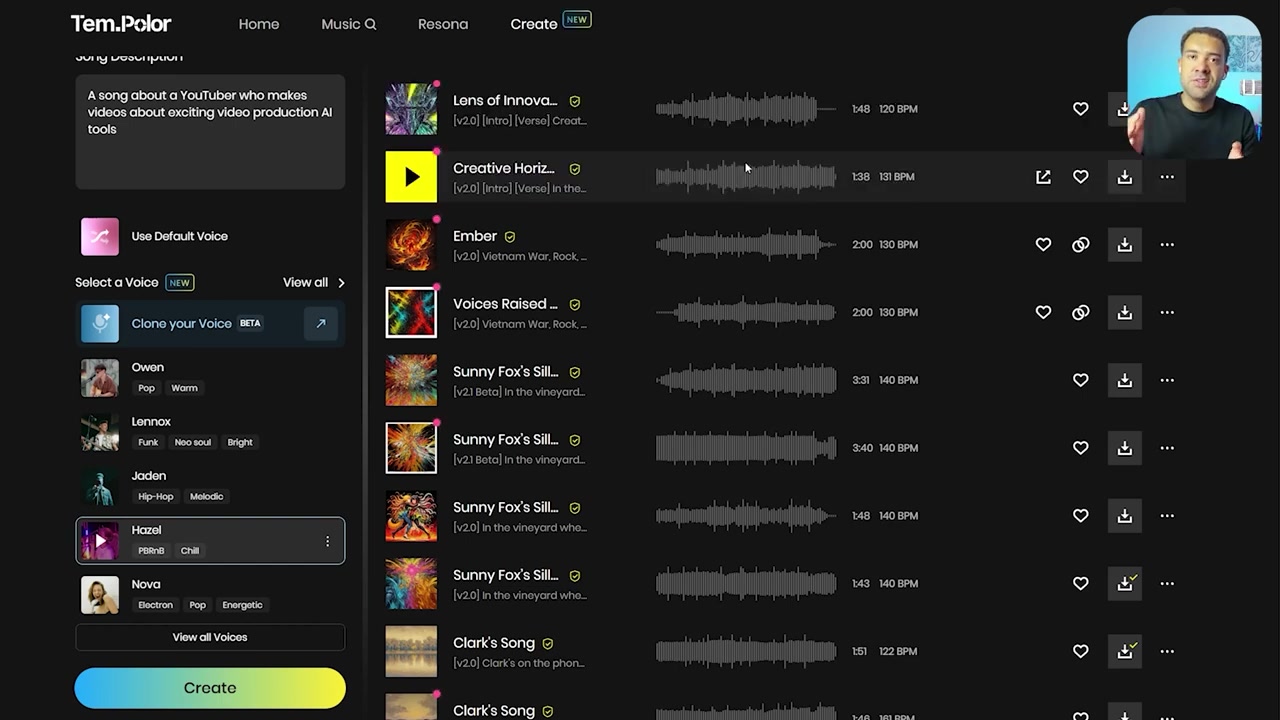 Two generated AI song results populated in under 60 seconds inside the Tempolor interface