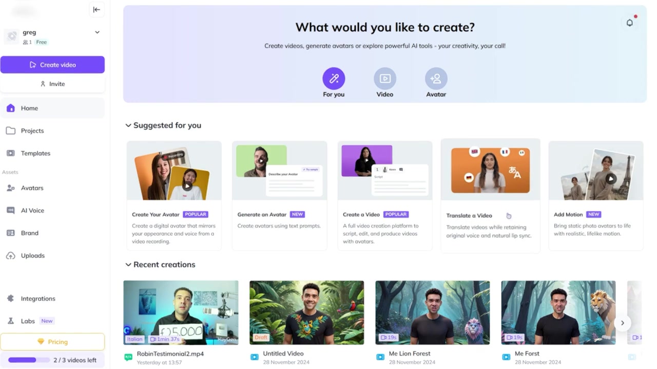 HeyGen dashboard Translate a Video button