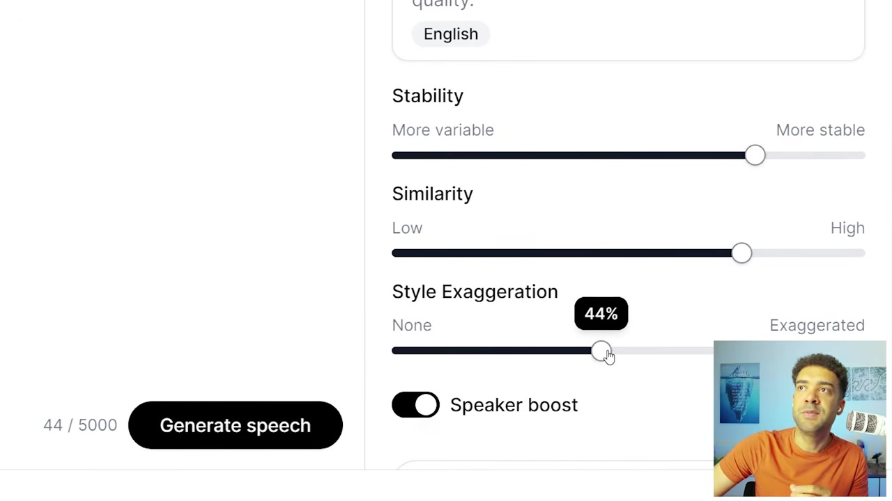 The ElevenLabs advanced voice settings menu showing Stability and Style Exaggeration sliders