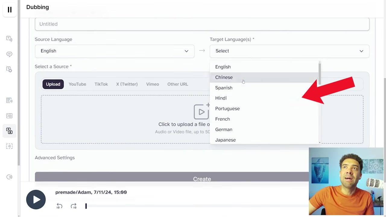 ElevenLabs Dubbing Studio interface displaying the target language options and file upload zone