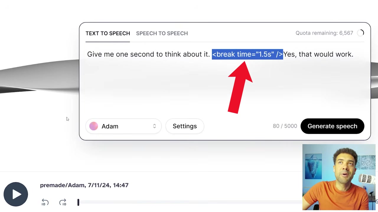 ElevenLabs text editor displaying the break time tag between sentences
