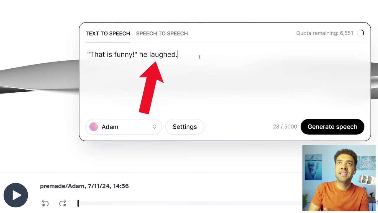 ElevenLabs interface showing book-style emotional context for excitement