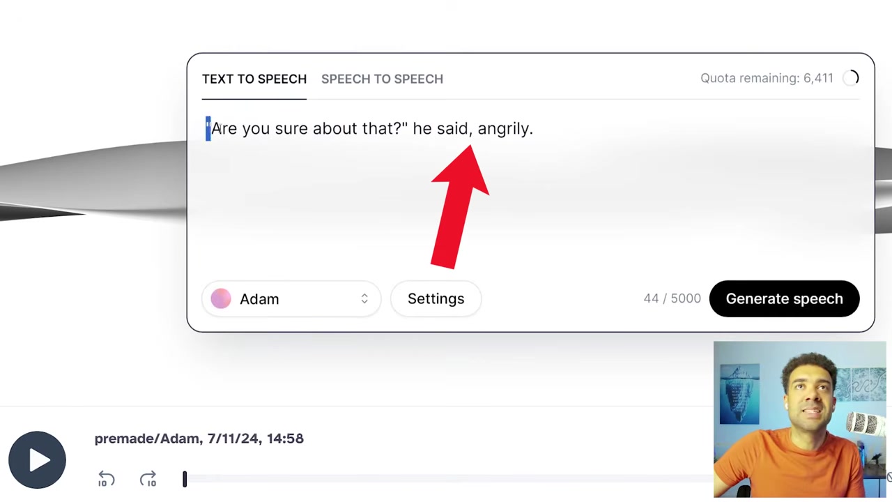 ElevenLabs UI showcasing emotional phrasing for an angry line