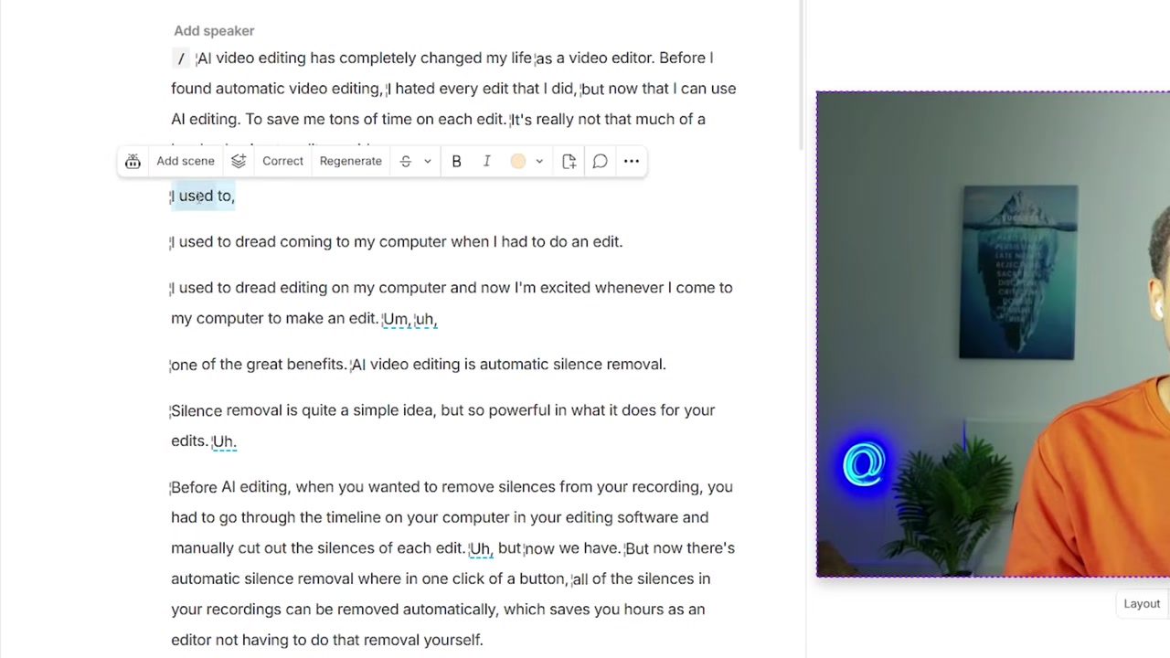 Text-Based Editing transcript block selection