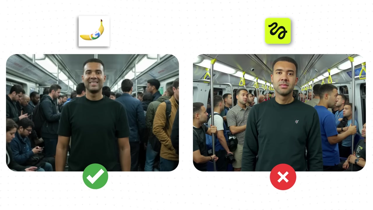 Side-by-side comparison of crowded carriage background test in Nano Banana and Higgsfield