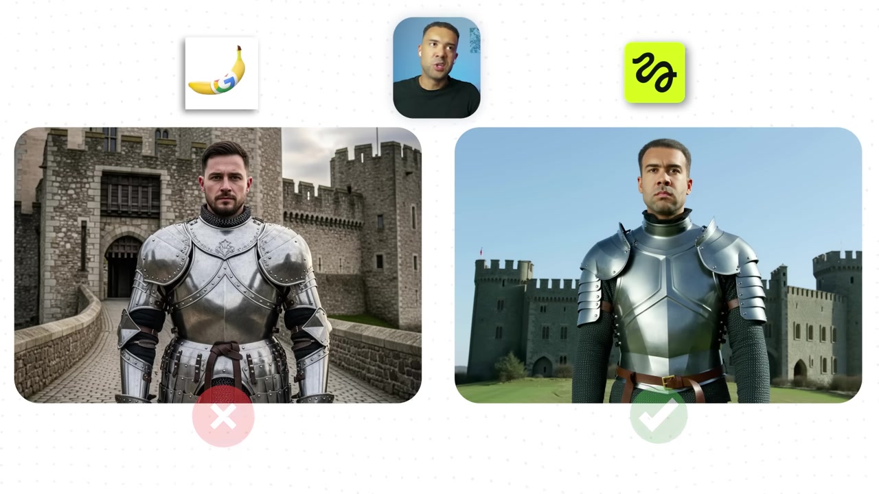 Side-by-side comparison of the medieval armor test showing identity drift in Nano Banana