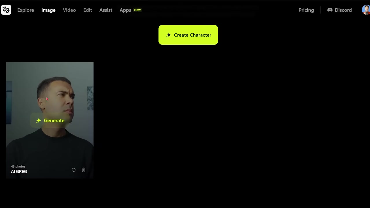 Higgsfield Soul ID Dashboard showing character training options and AI Greg model