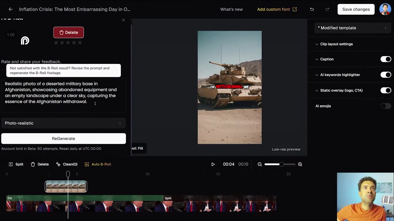 AI B-roll generation panel in Opus Clip with prompt box and stock suggestions