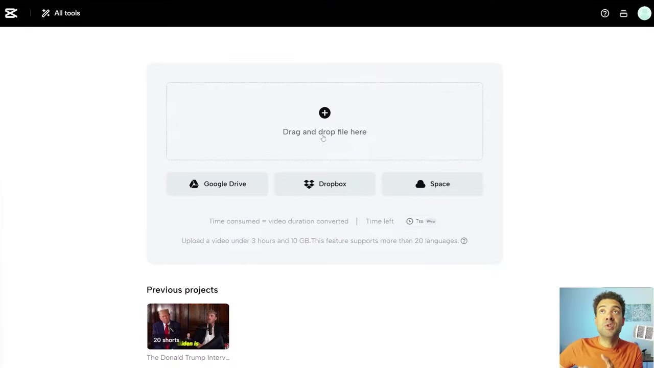 CapCut upload screen showing options for local files, Google Drive, Dropbox, and Microsoft Space
