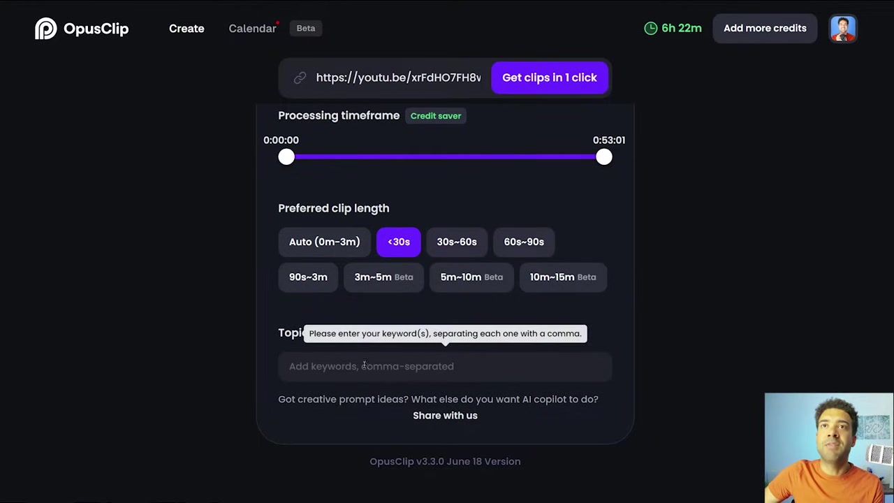 Opus Clip dashboard interface showing video link import, clip duration choices, and keyword focus inputs