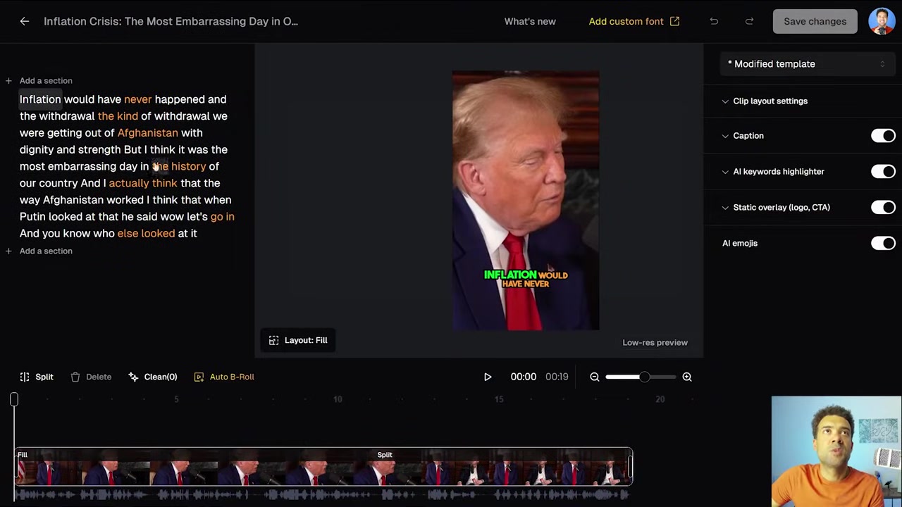 Opus Clip editor interface with transcription, timeline, and custom text options