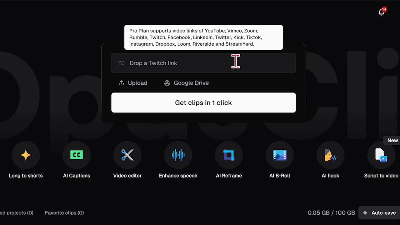 The primary dashboard in OpusClip showing import options