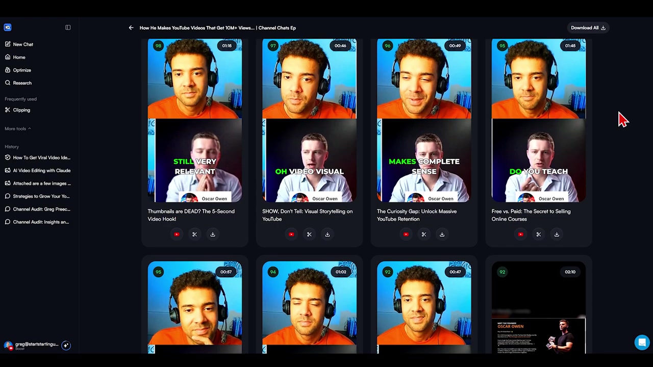 The 16 clips grid output on vidIQ's main project page