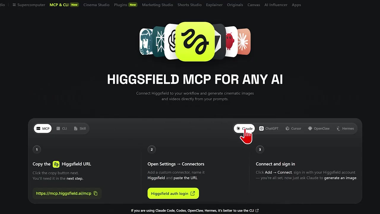 Higgsfield MCP setup instructions on the website
