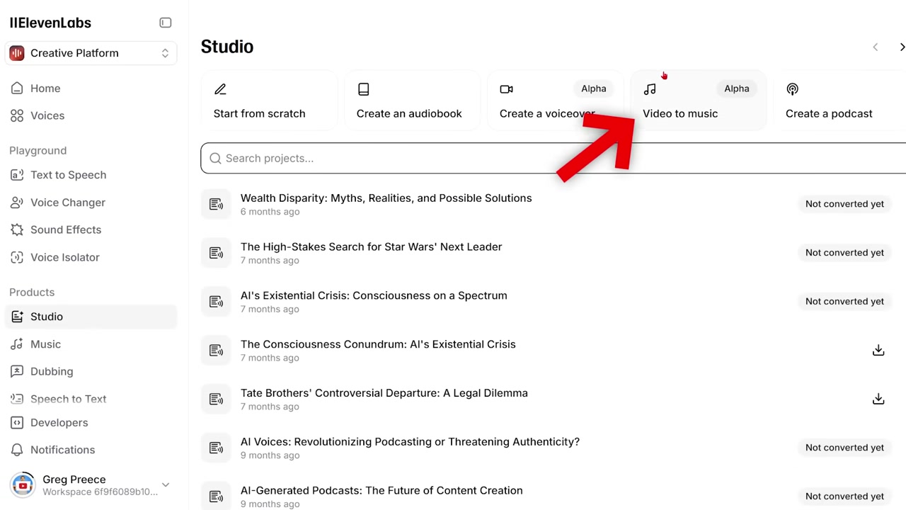 ElevenLabs Video to Music generator in the Studio tab