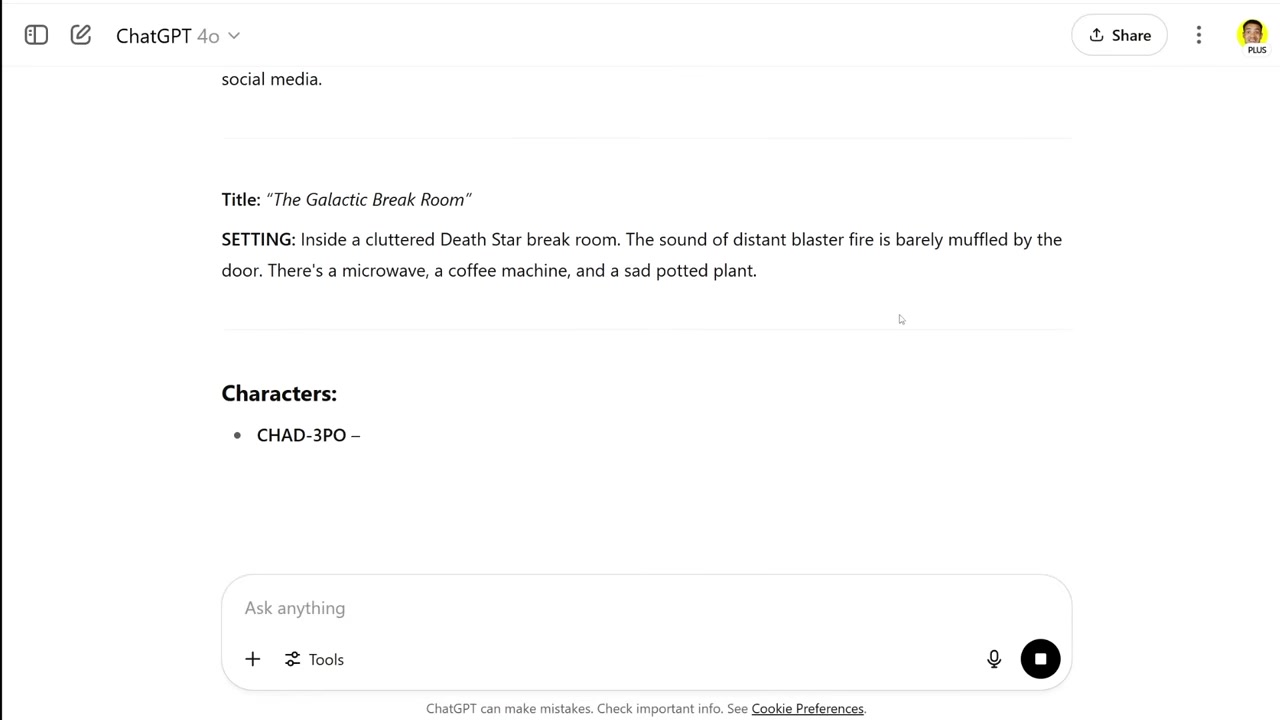 ChatGPT interface showing a generated 3-act Star Wars script