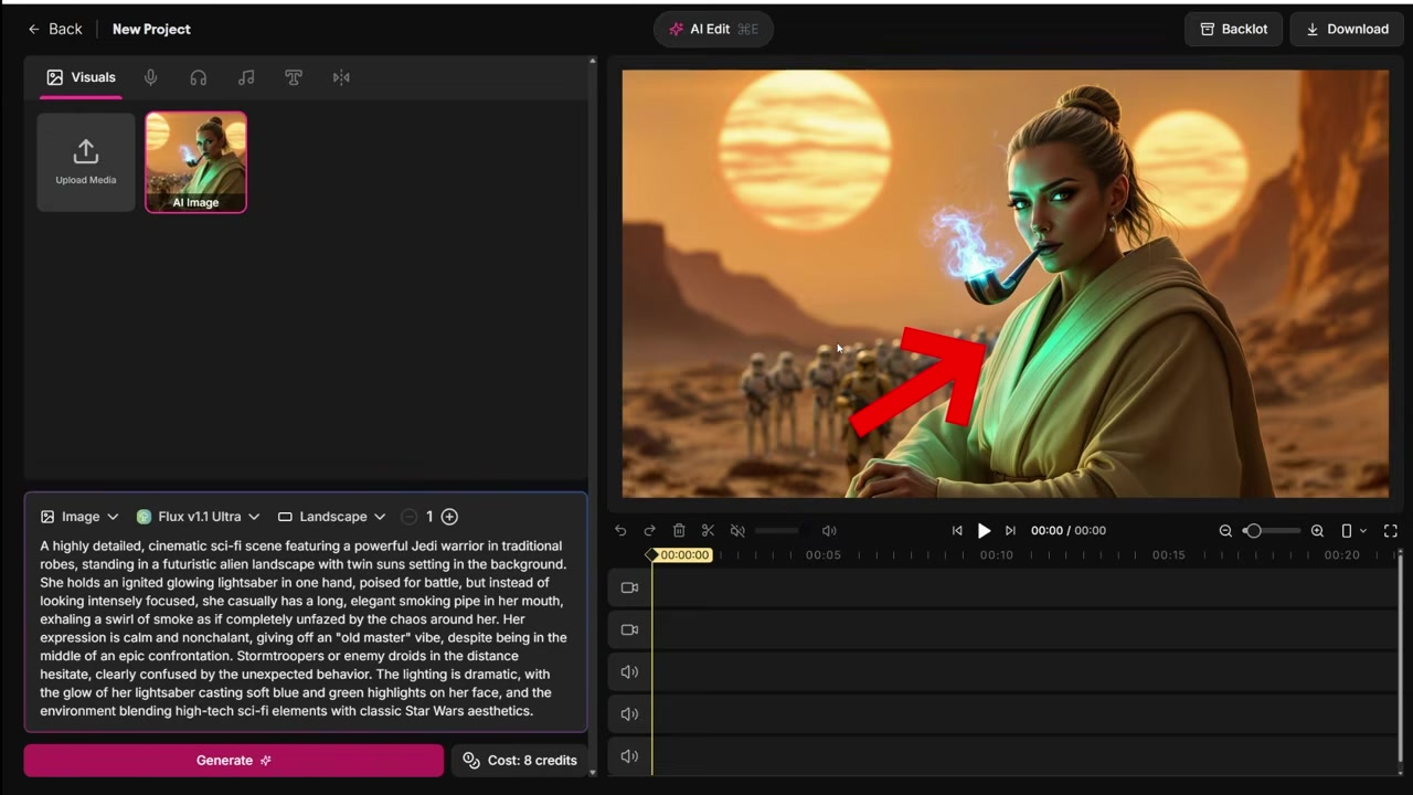 AIVideo.com Text to Image interface showing the landscape female Jedi generation