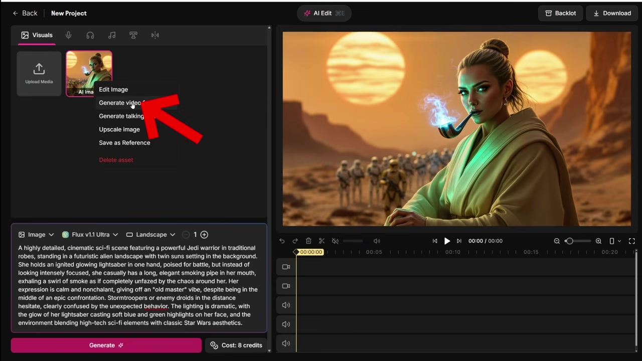 Generating video from image options in the AIVideo interface