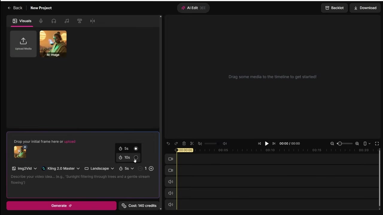 Kling 2.0 Master settings in AIVideo showing 10-second video generation