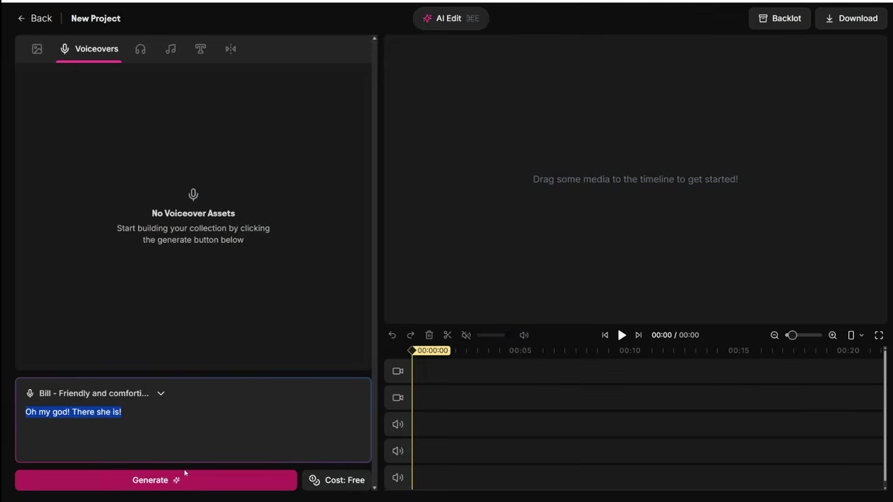 AIVideo voiceover dashboard showing character voice generation