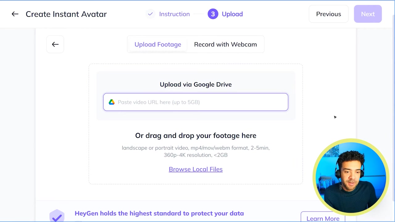 HeyGen footage source options showing local upload vs Google Drive URL option