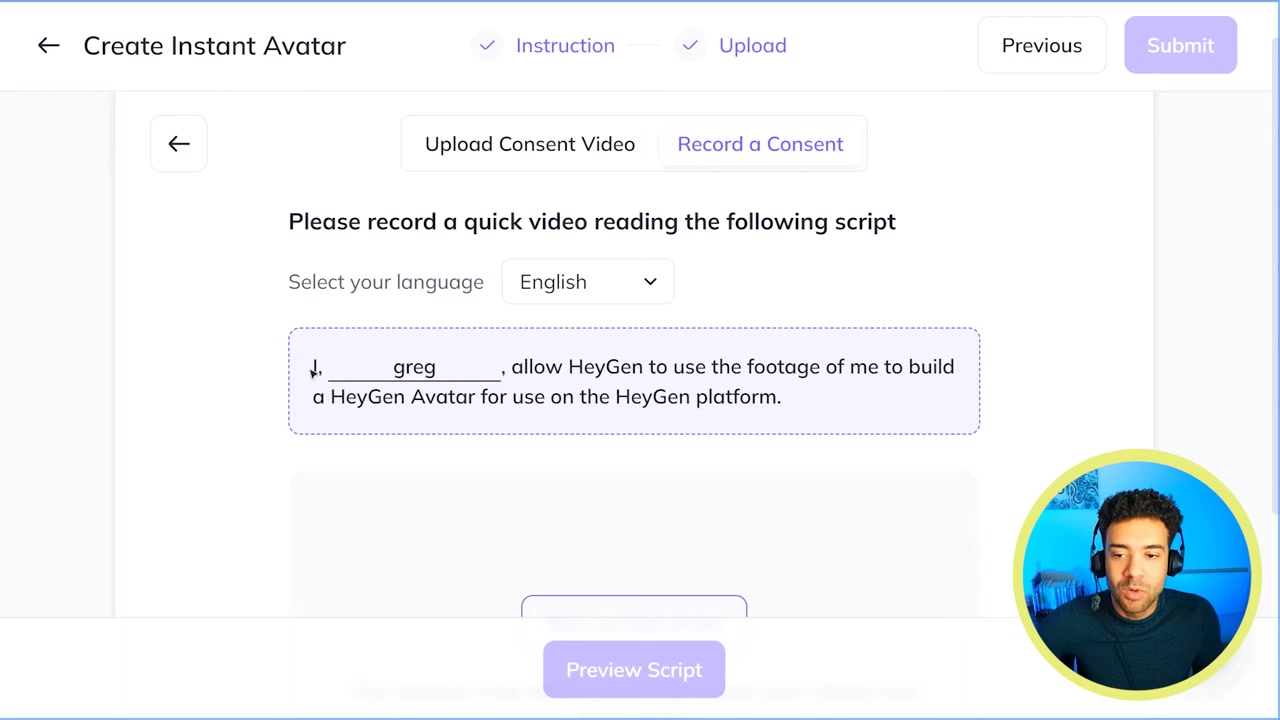 HeyGen verbal authorization consent screen with prompt text and camera preview