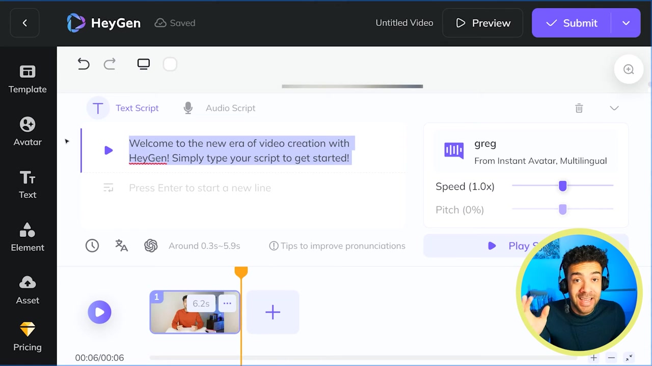 HeyGen video studio showing the custom script panel with the play preview button