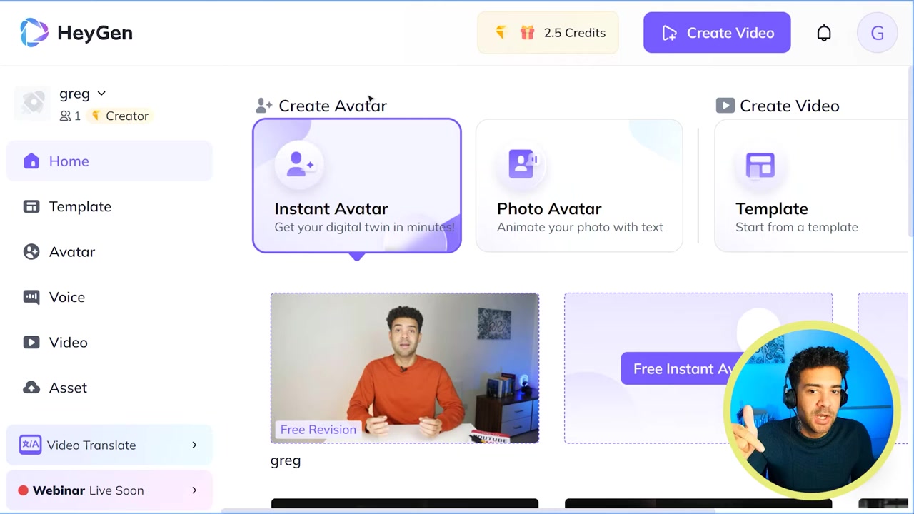 HeyGen dashboard with Instant Avatar and Free Instant Avatar options highlighted