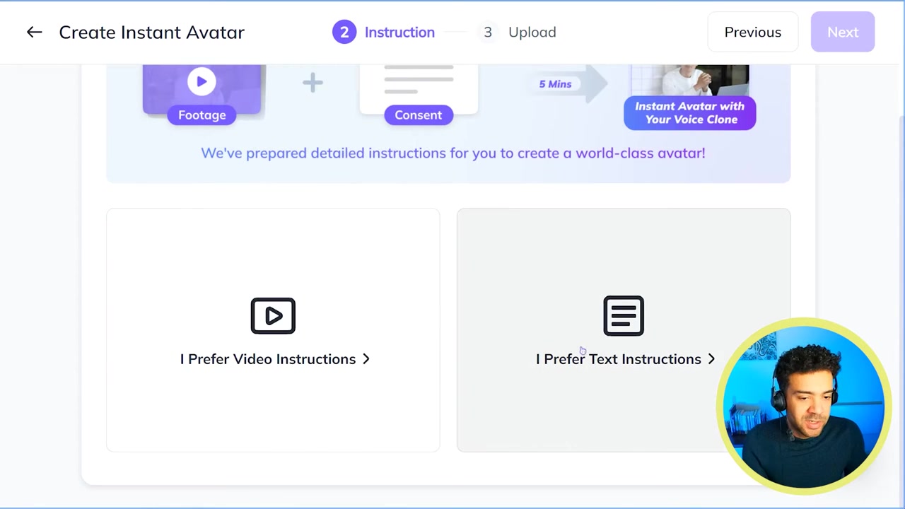 HeyGen CEO avatar introduction screen and text instructions choice